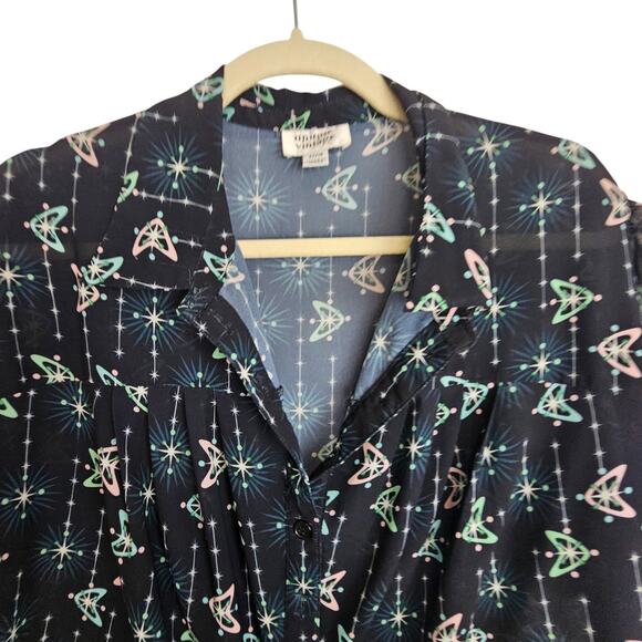 Unique Vintage Top Button Front Blouse Women 2X/18 Black Atomic Print Sheer Top - Picture 2 of 7